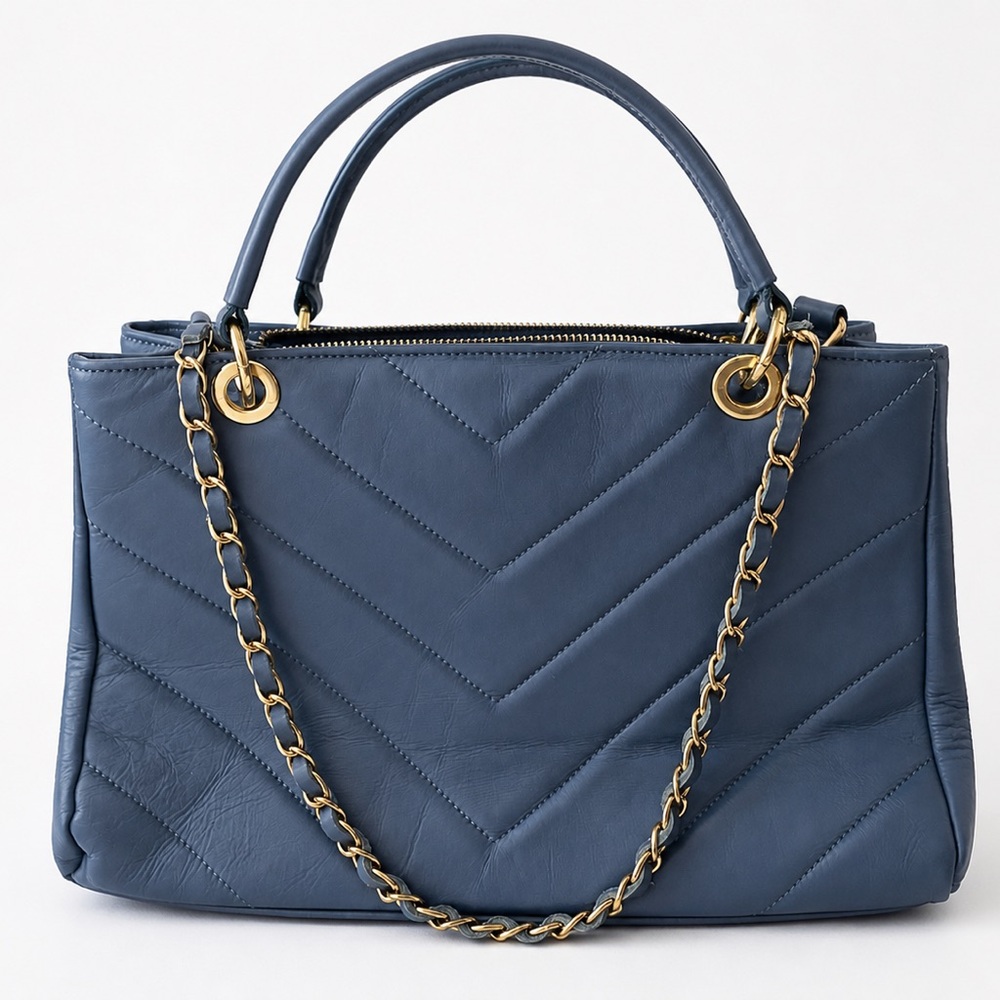 Anna Paola Blue Leather Handbag Quilted Chain Shoulder Bag